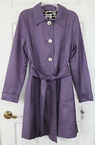 Women's Trench Coat Purple Silver Buttons Print Lining Belt Size L Apt. 9 NWT!