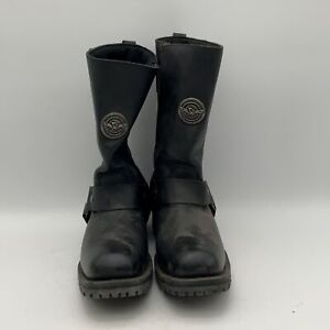 Mens Black Leather Mid Calf Square Toe Harness Motorcycle Biker Boots Size 9