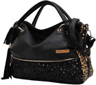 Women'S Leopard Print Black Purse Handbag Hobo Style Sequin PU Leather Shoulder