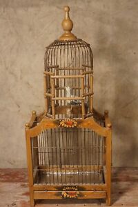Antique Vintage Wood Folk Art Painted Bird Cage Enclosure 24