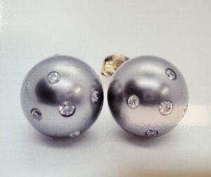 RARE Tahitian Pearl Earrings With 10 Full Cut Round Diamonds In 14kt Yellow Gold