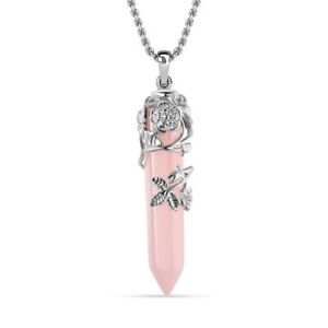 Pink Rose Quartz Pointer Necklace Flower Wrapped Healing Crystal Jewelry 24