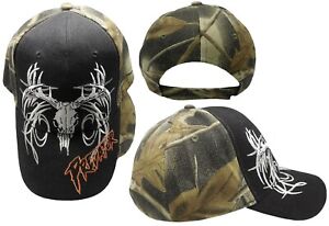 Predator Deer Skull Horns Camouflage Black Front Embroidered Cap Hat CAP909A