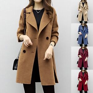 Women Elegant Notched Collar Trench Coat Double Breasted Wool Blend Over Coat