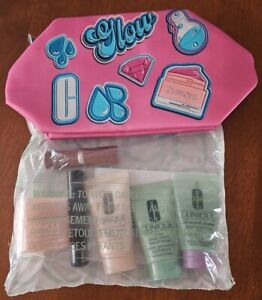 Clinique 7 piece Gift Set Travel Size  Makeup Moisturizing Skincare  Pink Bag