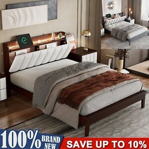 LED Bed Frame with USB Charging Station and Storage Upholstered Headboard Wood