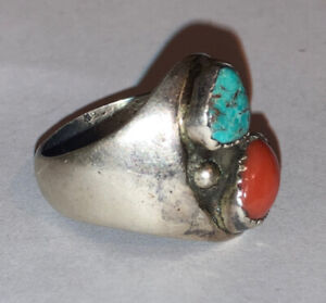 Vintage Sterling Silver Navajo Old Pawn Turquoise Coral Mens Ring Size 10.25