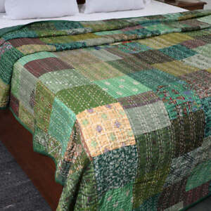 USA Queen Stitched Handmade Cotton Silk Handmade kantha Quilt, Blanket Throw