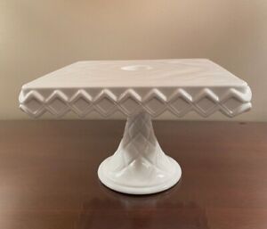Vintage Pedestal Indiana Glass SQUARE White Milk Glass Cake Stand with Rum Well