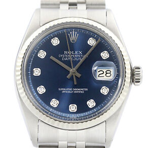 Rolex Mens Datejust 18K White Gold & Stainless Steel Blue Diamond Dial Watch
