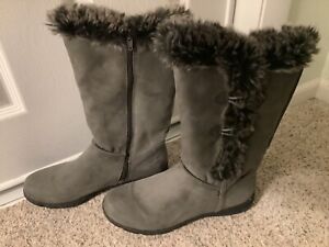 Natural Soul NATURALIZERS Snow Boots Womens Size 9M Gray Faux Fur Suede Zip Up