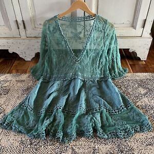 XL New Teal Lace Crochet Boho Folk Tunic Blouse Top Cover-Up Womens X-LARGE OS