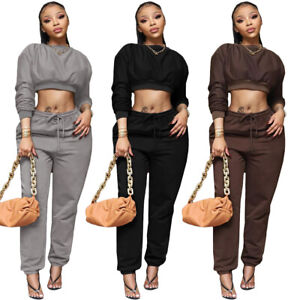 New Women Fashion Long Sleeves Drawstring Patchwork Solid Casual Jumpsuit 2pcs