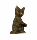 Solid Brass Miniature Animal Cat Figurine Red Jeweled Eye MCM Vintage VTG READ