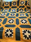 Gorgeous Antique Sister's Choice Quilt Top Indigo White Cheddar Teal Hand-pieced
