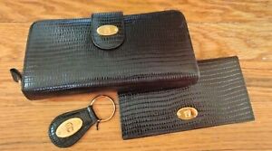 Etienne Aigner Black Embossed Croc Bifold Wallet with Checkbook Case & Keychain