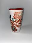 Starbucks 2015 Ceramic 10 oz Red Pink Poppy Floral Tumbler Travel Mug w/ Red Lid