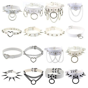 Gothic Punk White PU Leather Spiked Rivet O-Ring Collar Stud Choker Necklace