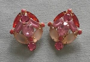 Vintage Estate High End Gold Red Pink Rhinestone Clip Earrings Costume Jewelry