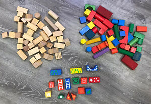 Wooden Toy 100+ Building Blocks, Variety of Shapes, Sizes & Colors