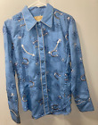 WOMENS SCULLY MEDIUM BLUE EMBROIDERED STAR WESTERN LONG SLEEVE SHIRT W CRYSTALS