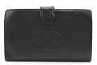 Authentic CHANEL Caviar Skin Leather CC Logo Long Wallet Purse Black A130
