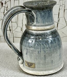 Vintage TUBBY MUD CO Hand Thrown Pottery Pitcher Handmade Signed Blue Drip Glaze