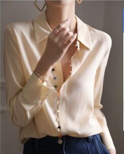 Women casual Office Button Blouse Mulberry Silk Long Sleeve Shirt Simple Top