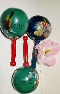 Vintage Lot of 3 Mexican Maracas Gourds  Rumba Shakers Handmade Hand Painted