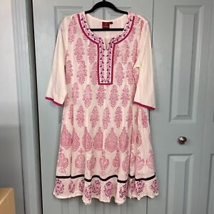 Ethnicity Boho Floral Embroidered Flowy Mid Sleeve Cotton Mini Dress Large