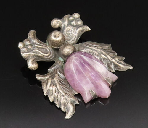 MEXICO 925 Silver - Vintage Antique Carved Amethyst Flower Brooch Pin - BP9814