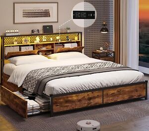 Full LED Bed Frame with Storage Headboard, Metal Platform Bed Frame with Drawers
