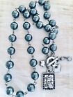 CAbi Necklace Pearl Dangle Charms HEARTS Black Crystals Silver Tones N109