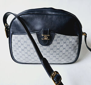 Vintage Gucci Crossbody Bag Monogram Micro Guccissima GG Navy Blue Leather