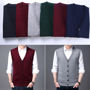 Men's Sweater Vest Cashmere Wool Blended V Neck Sleeveless Button Cardigan Sweat