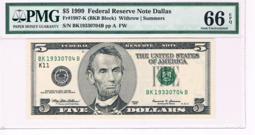 😎 Fr. 1987-K 1999 $5 Federal Reserve Note Dallas PMG 66 EPQ