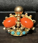 Vintage Unique Gold Tone Crown Turquoise Beads and Coral Cabochon Pin Brooch