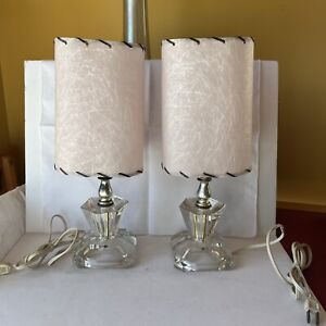 Pair of Mid Century Glass Boudoir Lamps w Spun Fiberglass Shades