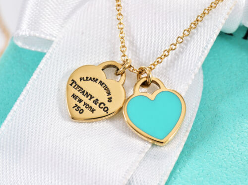 Return To Tiffany & Co 18K Yellow Gold Blue Enamel Double Heart Tag Necklace Box