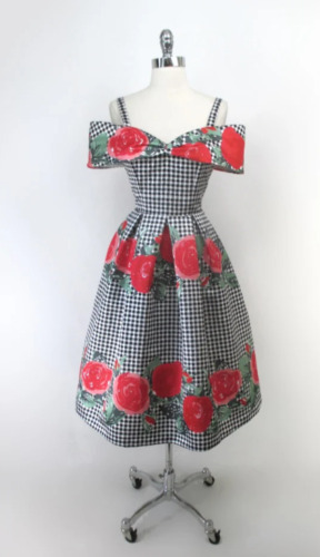 Horrockses Vintage 1950s Style Gingham & Roses Full Skirt Party Dress Size 8 / S