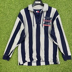 Vintage Tommy Hilfiger Rugby Shirt Mens Large Navy Striped Long Sleeve Polo 90s