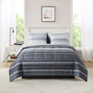 7-Piece Reversible Grey Stripe Bed in a Bag Comforter Set with Sheets Queen Size