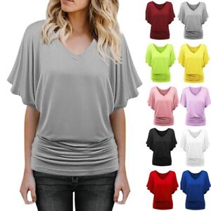 Summer Women V Neck Fashion Batwing Sleeve Plus Size T-Shirt Solid Blouse Top