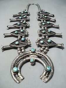 MUSEUM WOMEN'S VINTAGE NAVAJO TURQUOISE STERLING SILVER SQUASH BLOSSOM NECKLACE