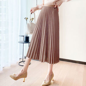 Women Soild Color Pleated Skirt Preppy Style Elastic Waist Midi A-line Skirt