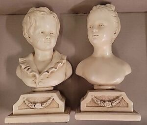 VTG Alexander Backer Boy Girl Victorian Busts Head Chalkware Figurines Bookends