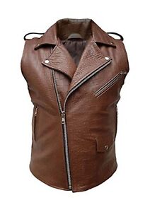 Mens Sleeveless Brando Style Biker Vest Alligator/Crocodile Brown Leather Jacket