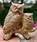 Vtg Brass Owl + Owlet Raptor Bird Duo Perched on Log Statue Small Curio