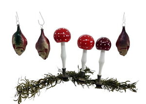 6 VINTAGE BLOWN GLASS ORNAMENTS MUSHROOM AND FISH  /  Fly agaric   (# 15532)