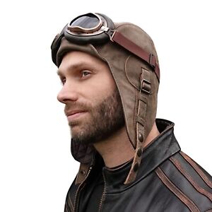 Leather Aviator Hat Pilot Helmet Cap Goggles Brown Vintage For Men and Women